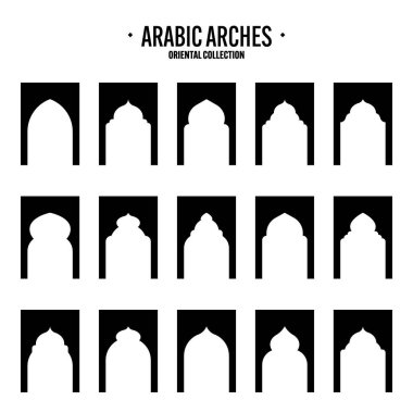 İslami çerçeveler, doğu tarzı objeler. Arap şekilleri, pencereler ve kemerler. Geleneksel süs afişi, çerçeve. Müslüman bayramları, Ramazan Kareem. Modern doğu mimarisi. Vektör illüstrasyonu.
