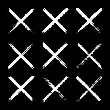 Grunge haçları, fırça darbeleri, x işareti, çizgiler, mürekkep lekeleri, elle çizilmiş karalama şekilleri. El yapımı kabataslak izler, akrilik lekeler, kömür çizgileri. Boya dokuları, kuru fırça etkisi. Vektör illüstrasyonu.