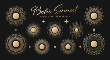 Klasik altın güneş patlaması, günbatımı ışınları koleksiyonu. Boho tarzı, modern minimalist bohem tasarımı. El çizimi güneş patlaması, ışık ışınları. Logotype ya da harfli retro tasarım öğesi. Vektör illüstrasyonu.