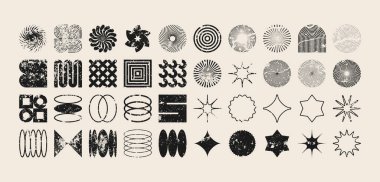 Acımasız geometrik şekiller, modern grunge sembolleri. Basit ilkel elementler ve formlar, sıkıntılı detaylar. Retro tasarım, yaş, eski moda, çağdaş minimalist tarz, y2k. Vektör illüstrasyonu.