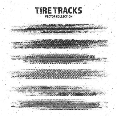 Çamur lekeli Grunge lastik izleri, kirli tekerlek fren izleri. Kamyon, araba ya da motosiklet lastiği siluetleri. Off-road, motor sporu ve yarış tasarımları için mükemmel. Vektör illüstrasyonu.