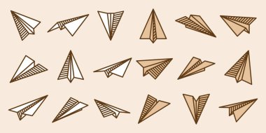 Şeffaf arka planda el yapımı gerçekçi kağıt uçaklar koleksiyonu. Origami uçağı düz stil. Vektör illüstrasyonu