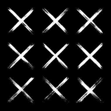 Grunge haçları, fırça darbeleri, x işareti, çizgiler, mürekkep lekeleri, elle çizilmiş karalama şekilleri. El yapımı kabataslak izler, akrilik lekeler, kömür çizgileri. Boya dokuları, kuru fırça etkisi. Vektör illüstrasyonu.