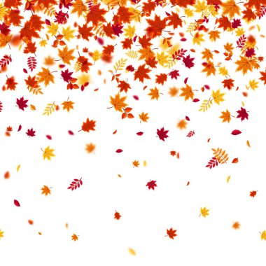 Sonbaharda uçan ve düşen yaprakların arka planında kırmızı, turuncu ve sarı renkli mevsimlik yapraklar var. Doğa temaları, mevsimlik satışlar, posterler için mükemmel. Vektör illüstrasyonu.