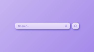 Renkli 3D arama çubuğu şablonu. Arama kutusu, adres çubuğu ve metin alanı olan internet tarayıcı motoru. Kullanıcı tasarımı, web arayüzü ögesi web simgeleri ve düğmeye basın. Vektör illüstrasyonu.