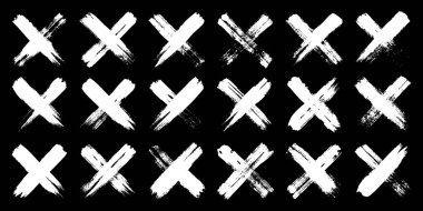 Grunge haçları, fırça darbeleri, x işareti, çizgiler, mürekkep lekeleri, elle çizilmiş karalama şekilleri. El yapımı kabataslak izler, akrilik lekeler, kömür çizgileri. Boya dokuları, kuru fırça etkisi. Vektör illüstrasyonu.