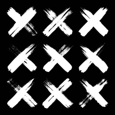 Grunge haçları, fırça darbeleri, x işareti, çizgiler, mürekkep lekeleri, elle çizilmiş karalama şekilleri. El yapımı kabataslak izler, akrilik lekeler, kömür çizgileri. Boya dokuları, kuru fırça etkisi. Vektör illüstrasyonu.
