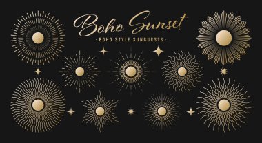 Klasik altın güneş patlaması, günbatımı ışınları koleksiyonu. Boho tarzı, modern minimalist bohem tasarımı. El çizimi güneş patlaması, ışık ışınları. Logotype ya da harfli retro tasarım öğesi. Vektör illüstrasyonu.