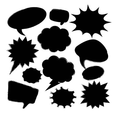 Fırça darbeleri, mürekkep lekeleri, akrilik lekeler ya da kömür çizgileri olan Grunge çizgi roman kabarcıkları. El çizimi eski çizgi film çıkartmaları. Sohbet, mesaj kutusu. Vektör illüstrasyonu.