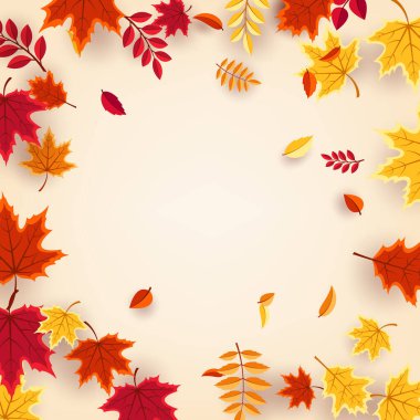 Sonbaharda uçan ve düşen yaprakların arka planında kırmızı, turuncu ve sarı renkli mevsimlik yapraklar var. Doğa temaları, mevsimlik satışlar, posterler için mükemmel. Vektör illüstrasyonu.