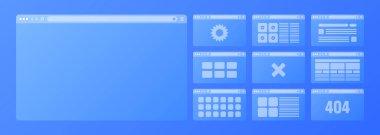 Web tarayıcı penceresi, araç çubuğu ve arama alanı olan saydam sayfa düzeni. Modern web sitesi, internet sayfası. Bilgisayar, tablet ve akıllı telefon için tarayıcı modeli. Uyarlamalı UI. Vektör illüstrasyonu.