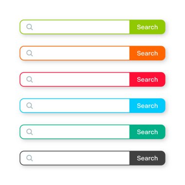 Various search bar templates. Internet browser engine with search box, address bar and text field. UI design, website interface element with web icons and push button. Vector illustration.