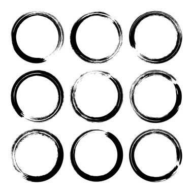 Grunge daireleri, fırça darbeleri, çizgiler, mürekkep lekeleri, elle çizilmiş karalama şekilleri. El yapımı kabataslak izler, akrilik lekeler, kömür çizgileri. Boya dokuları, kuru fırça etkisi. Vektör illüstrasyonu.