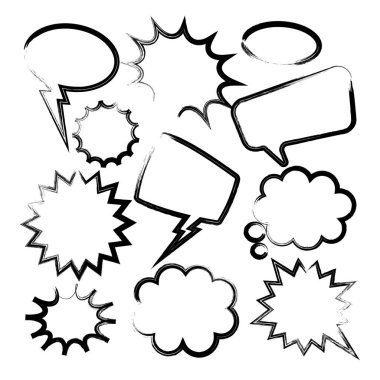 Fırça darbeleri, mürekkep lekeleri, akrilik lekeler ya da kömür çizgileri olan Grunge çizgi roman kabarcıkları. El çizimi eski çizgi film çıkartmaları. Sohbet, mesaj kutusu. Vektör illüstrasyonu.