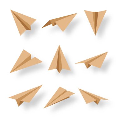 Şeffaf arka planda el yapımı gerçekçi kağıt uçaklar koleksiyonu. Origami uçağı düz stil. Vektör illüstrasyonu
