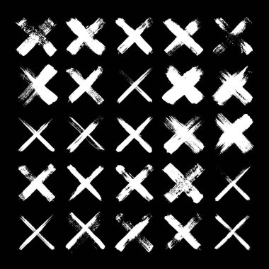 Grunge haçları, fırça darbeleri, x işareti, çizgiler, mürekkep lekeleri, elle çizilmiş karalama şekilleri. El yapımı kabataslak izler, akrilik lekeler, kömür çizgileri. Boya dokuları, kuru fırça etkisi. Vektör illüstrasyonu.