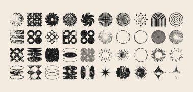 Acımasız geometrik şekiller, modern grunge sembolleri. Basit ilkel elementler ve formlar, sıkıntılı detaylar. Retro tasarım, yaş, eski moda, çağdaş minimalist tarz, y2k. Vektör illüstrasyonu.