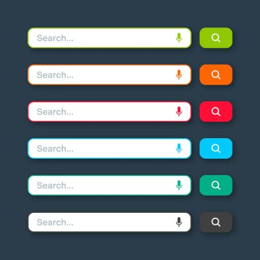 Various search bar templates. Internet browser engine with search box, address bar and text field. UI design, website interface element with web icons and push button. Vector illustration.