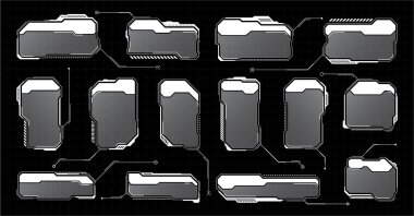 Beyaz fütüristik İYİ, UI elementleri. Bilim kurgu kullanıcı arayüzü mesaj kutuları, çağrılar. Uyarı ileti çerçeveleri, bilgi kutuları şablonu. Modern oyun arayüzü düzeni dijital stilde. Vektör illüstrasyonu.