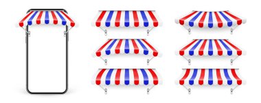 Akıllı telefon, dükkan güneşliği, metal montaj, internet alışverişi. Gerçekçi çizgili kafe güneşliği. Açık hava çadırı. Çatısı Fransız bayrağı renginde. Summer Caddesi Mağazası. Vektör illüstrasyonu.