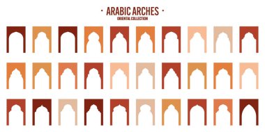 İslami çerçeveler, doğu tarzı objeler. Arap şekilleri, pencereler ve kemerler. Geleneksel süs afişi, çerçeve. Müslüman bayramları, Ramazan Kareem. Modern doğu mimarisi. Vektör illüstrasyonu.