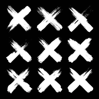 Grunge haçları, fırça darbeleri, x işareti, çizgiler, mürekkep lekeleri, elle çizilmiş karalama şekilleri. El yapımı kabataslak izler, akrilik lekeler, kömür çizgileri. Boya dokuları, kuru fırça etkisi. Vektör illüstrasyonu.
