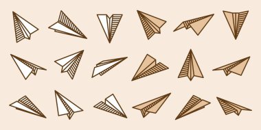 Şeffaf arka planda el yapımı gerçekçi kağıt uçaklar koleksiyonu. Origami uçağı düz stil. Vektör illüstrasyonu