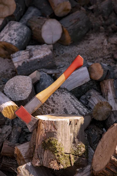 Axe in stump. Axe ready for cutting timber.Woodworking tool. Lumberjack axe in wood, chopping timber.