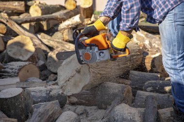 İşçi bir testere ile çalışır. Testere kapatın. Oduncu testere Ağaç Kereste fabrikası chainsaw ile. Eylem kesme Ahşap testere. Adam kesme Ahşap testere, toz ve hareketleri ile.