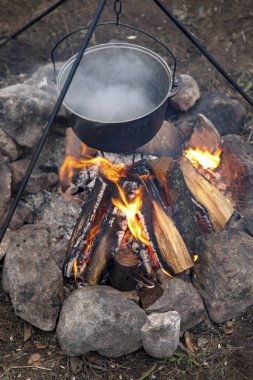 Bir ateş üzerinde pişirme. Balık çorbası bir yanıyor. Yiyecek bir kazan bir yanıyor. Gıda açık havada. Açık havada yemek. Kazan üzerinde doğada yemek.