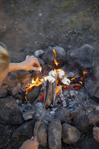 Cooking marshmallow on sticks on a fire.