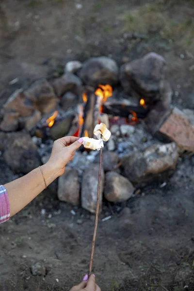 Cooking marshmallow on sticks on a fire.