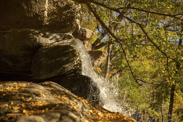 Waterfall stream flowing in autumn forest. Autumn waterfall poster. Autumn forest waterfall stream view