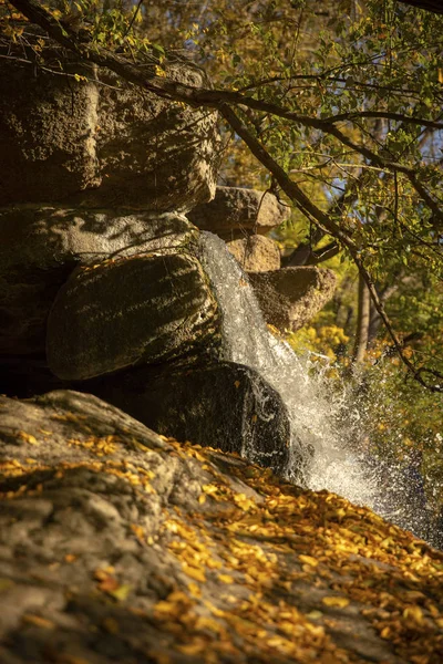 Waterfall stream flowing in autumn forest. Autumn waterfall poster. Autumn forest waterfall stream view