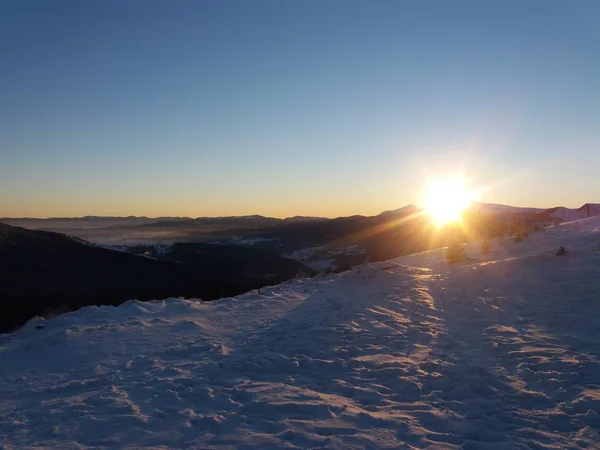 Lever de soleil dans les montagnes enneigées. Montagnes des Carpates dans la neige . — Photo