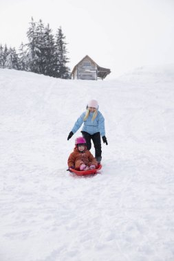 Anne ve kızı bir kar slayttan bir kızağa binmek. Bir kar tepeden bir kızağa binmek. Atlı kızak sürmek, kış eğlenceli, kar, Aile atlı kızak sürmek.