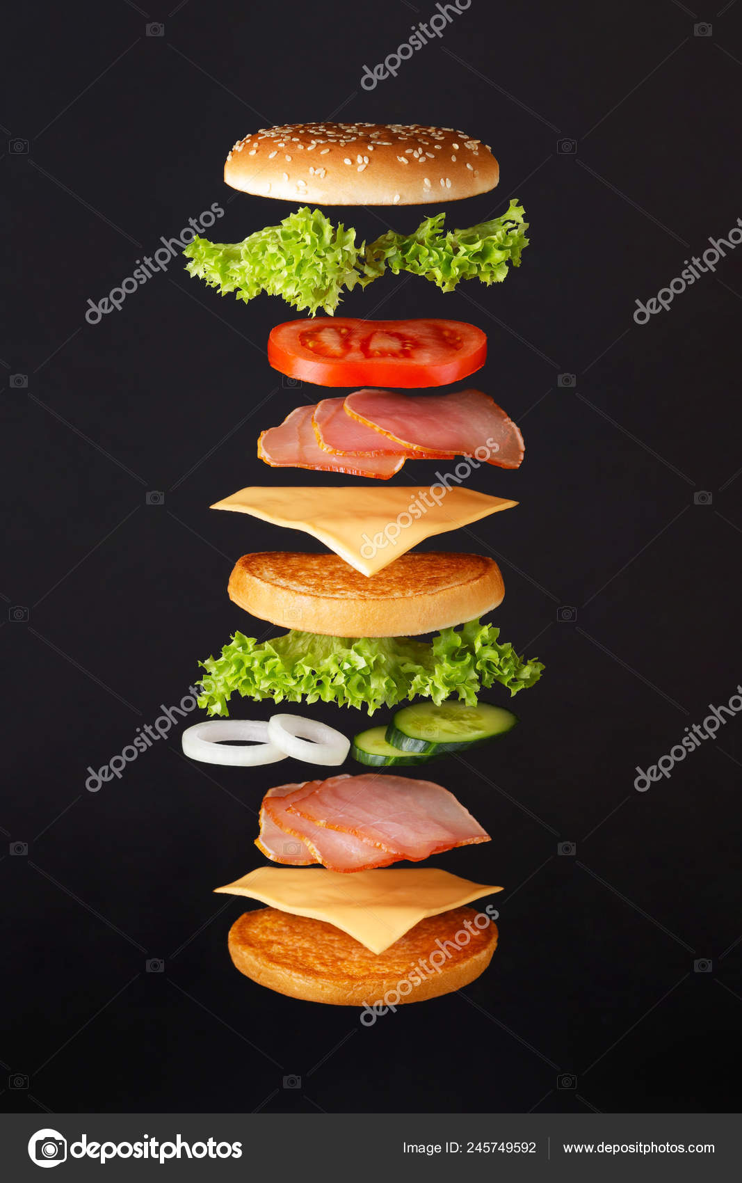 Flying Burger Ingredients Delicious Hamburger Flying Ingredients Black