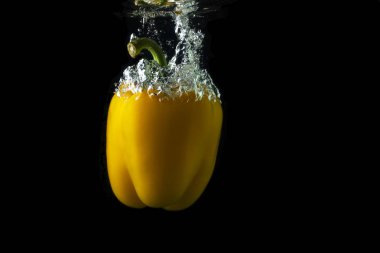 Sarı dolmalık biber su sıçrama ile siyah arka plan, kırmızı biber, stop motion fotoğraf düşüyor. Sarı biber.
