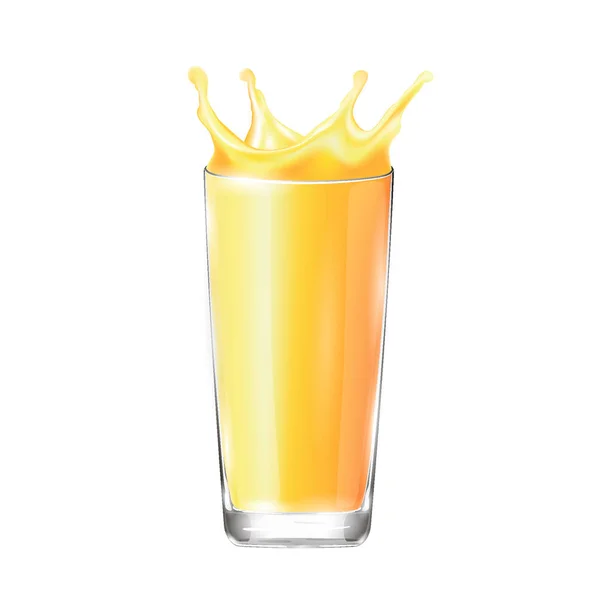 Glas med juice. Juice i ett glas. Glas med saft på en vit bakgrund. Kronan-formade juice spray — Stock vektor
