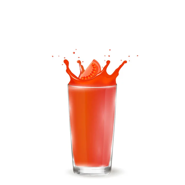 Copo com suco de tomate. Fecho de tomate. Tomate vermelho . — Vetor de Stock