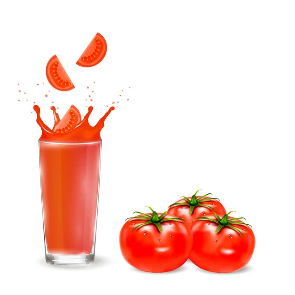 Copo com suco de tomate. Fecho de tomate. Tomate vermelho . — Vetor de Stock