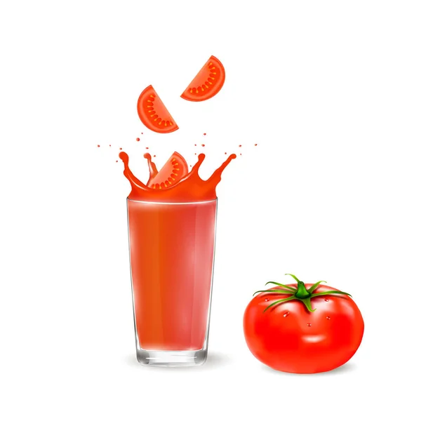 Ποτήρι με χυμό ντομάτας. Ντομάτα κινηματογράφηση σε πρώτο πλάνο. Κόκκινη ντομάτα. — Διανυσματικό Αρχείο