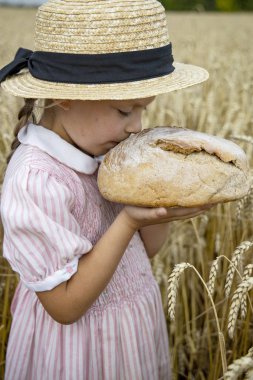 Buğday kulakları arka planda ekmek ile Sepet. Fırın produc