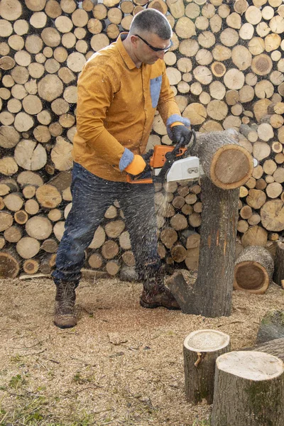 Sierra de cadena en acción cortando madera. Hombre cortando madera con sierra, polvo — Foto de Stock