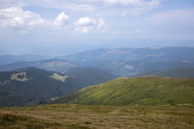 Mavi gökyüzüne karşı dağların ve ormanların güzel manzarası