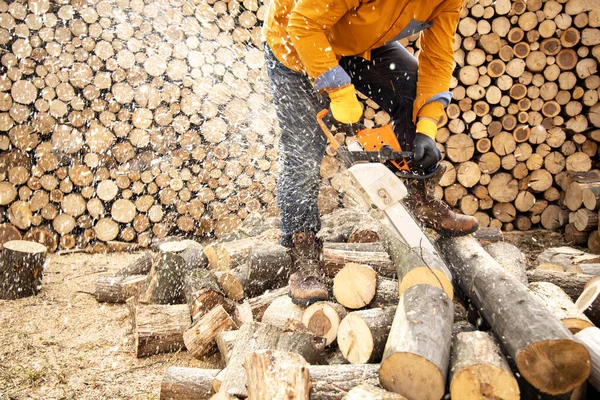 Motosega Azione Tagliando Legno Uomo Che Taglia Legno Con Sega — Foto Stock