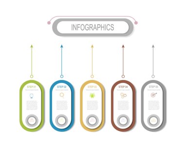 Infographic etiket tasarım simgeler ve 5 seçenekleri veya adımları ile vektör. Bu diyagram, akış şeması, bilgi grafik sunumlar afiş, iş akışı düzeni, işlem iş kavramı için Infographics
