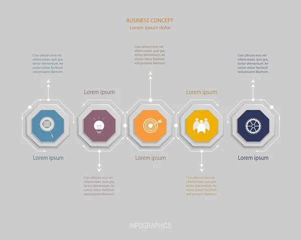 Vektör Infographic Çokgen etiketi, şablon tasarımı. Düzen işlem diyagramı akış şeması, bilgi grafik için simge 5 step.Infographics öğesi ile iş kavramı.