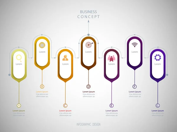 Infographic etiket tasarım simgeler ve 7 seçenekleri veya adımları ile vektör. Bu diyagram, akış şeması, bilgi grafik sunumlar afiş, iş akışı düzeni, işlem iş kavramı için Infographics