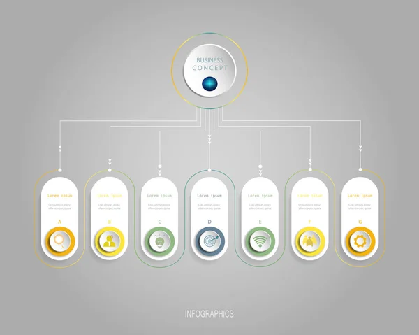 Infographic etiket tasarım simgeler ve 7 seçenekleri veya adımları ile vektör. Bu diyagram, akış şeması, bilgi grafik sunumlar afiş, iş akışı düzeni, işlem iş kavramı için Infographics